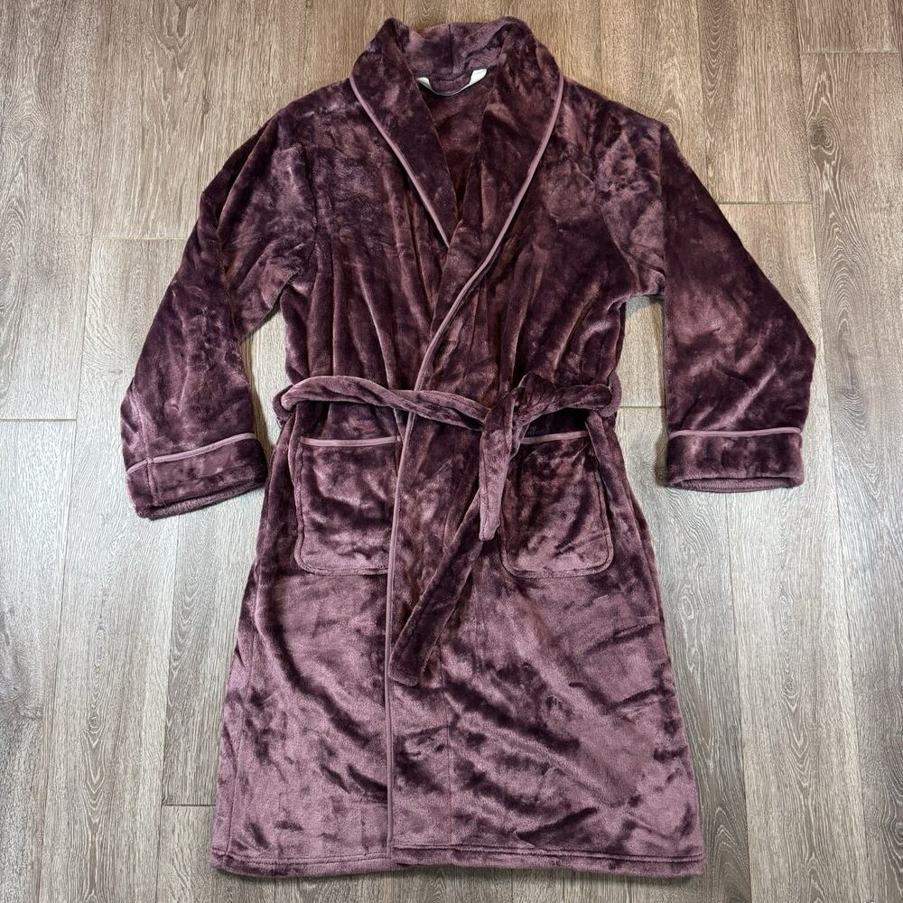 Brookstone robe plush nap women's men’s size L / XL Burgundy waist tie belt